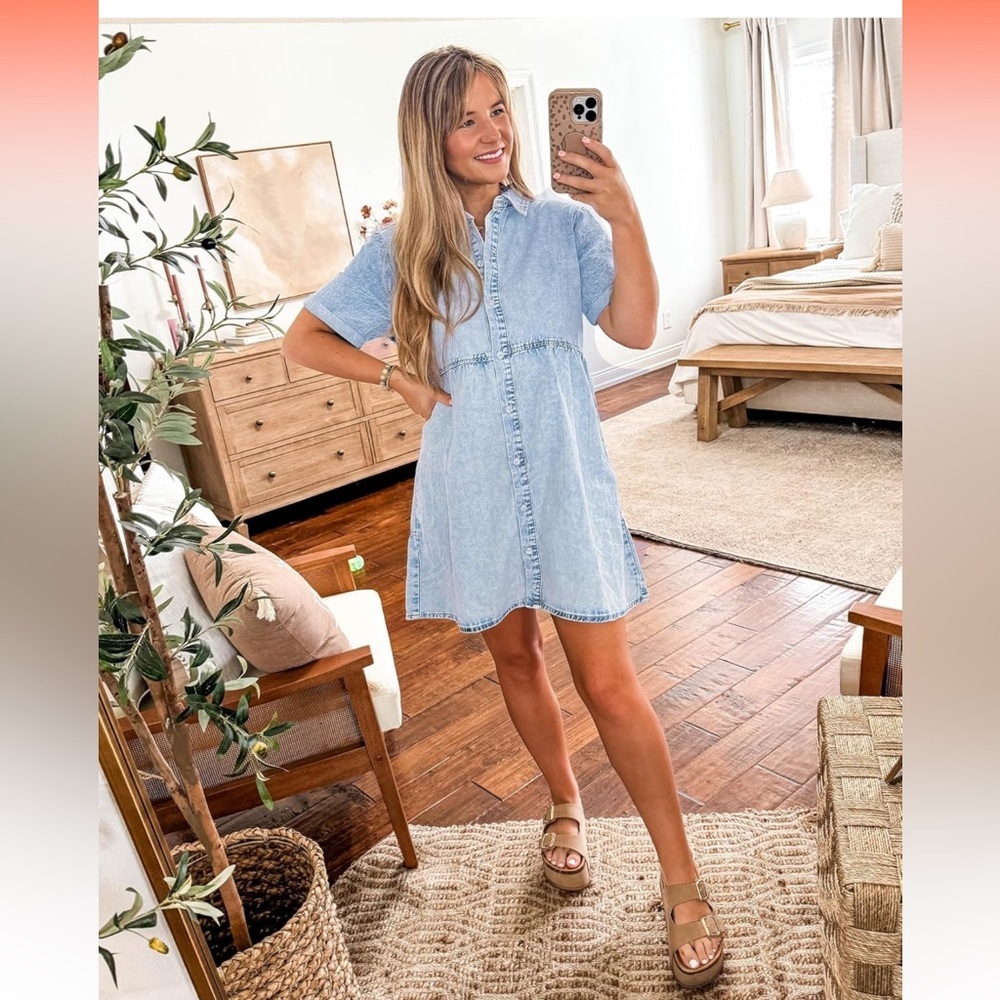 GRAPENT Denim Dress for Women Babydoll Tiered Short Sleeve Button Down Jean - Picture 4 of 15